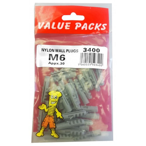 6mm Nylon Wall Plugs 30 Per Pack 6mm Nylon Wall Plugs 30 Per Pack